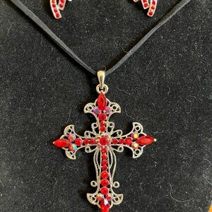 Elegant Red Cross Pendant Necklace and Earring Set